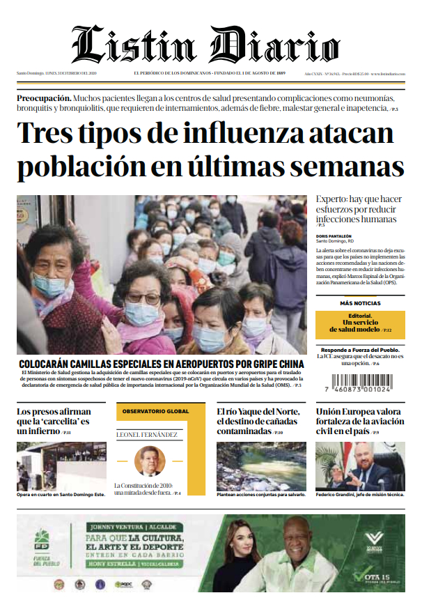 Portada Periódico Listín Diario, Lunes 03 de Febrero, 2019
