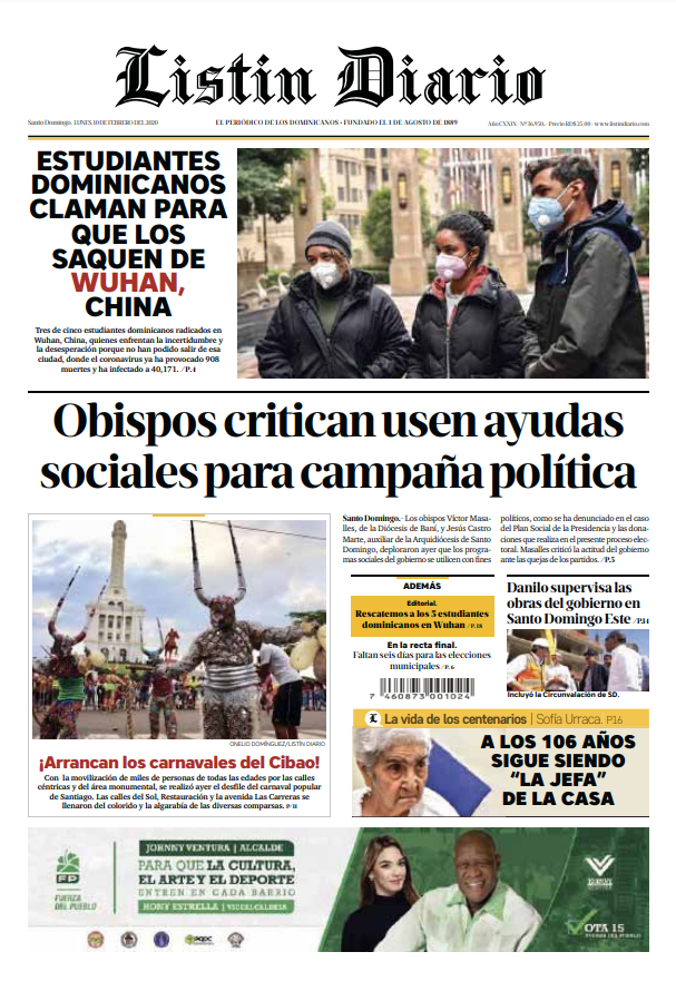 Portada Periódico Listín Diario, Lunes 10 de Febrero, 2019