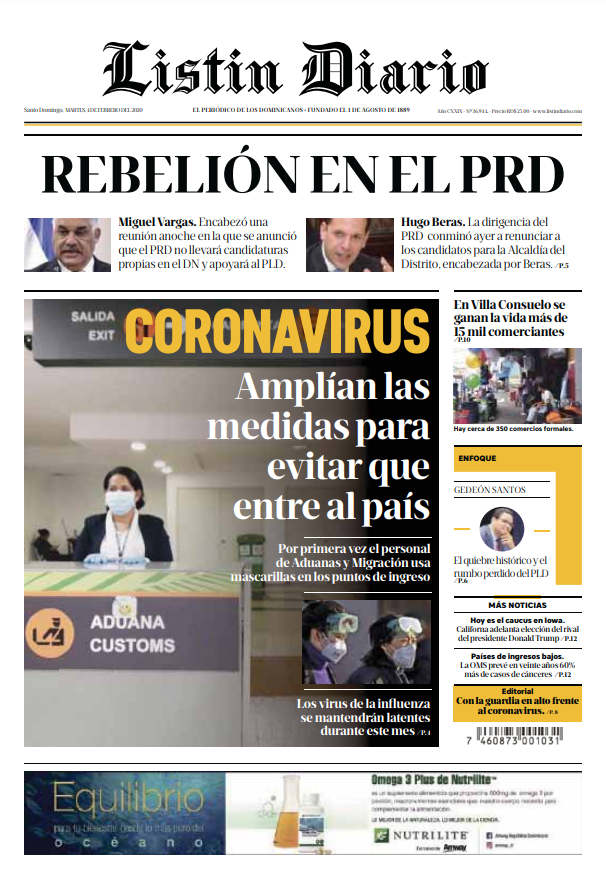Portada Periódico Listín Diario, Martes 04 de Febrero, 2019