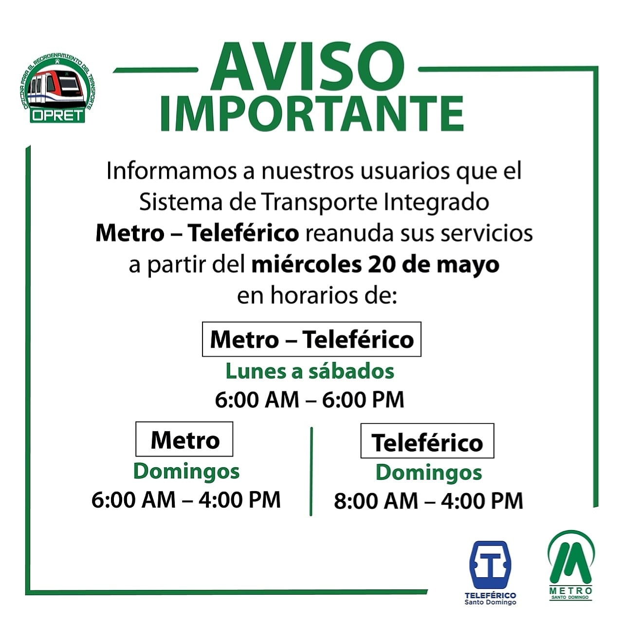 Metro, OMSA y Teleférico se preparan para reanudar operaciones mañana