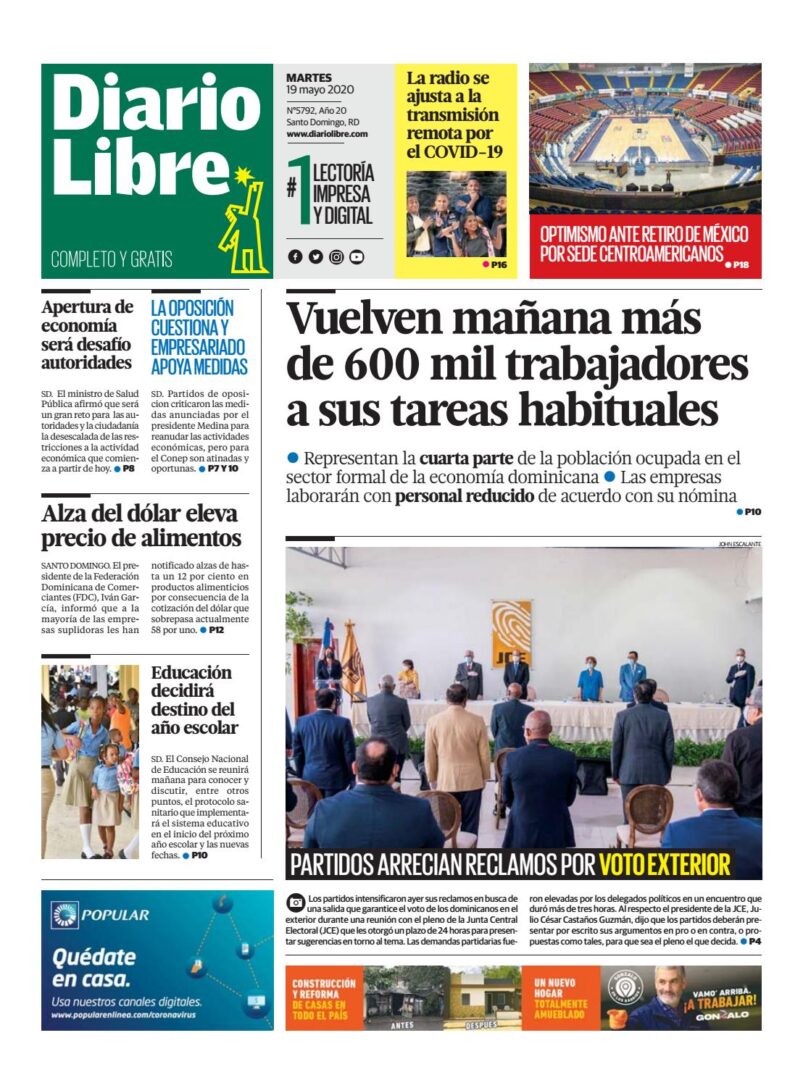 Portada Periódico Diario Libre, Martes 19 de Mayo, 2020