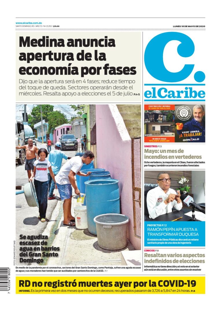Portada Periódico El Caribe, Lunes 18 de Mayo, 2020