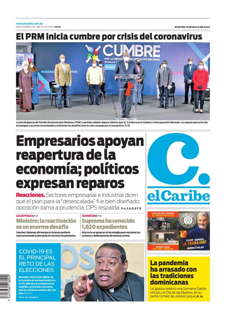 Portada Periódico El Caribe, Martes 19 de Mayo, 2020