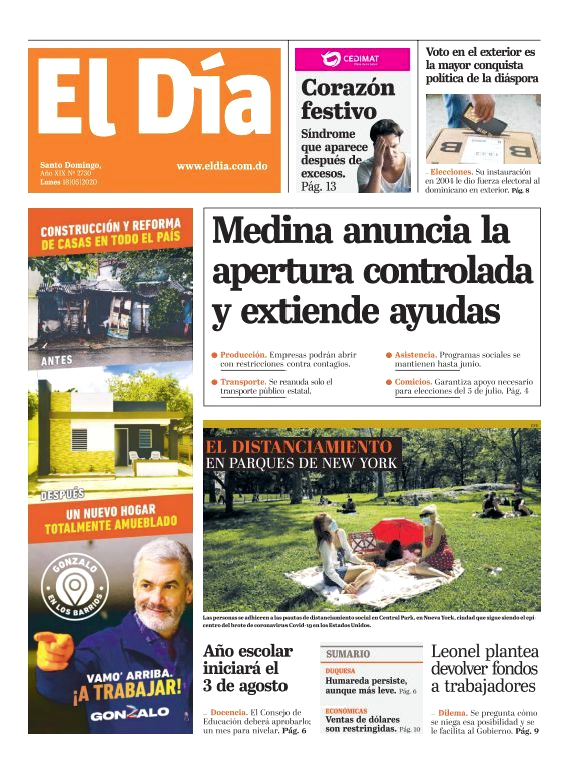 Portada Periódico El Día, Lunes 18 de Mayo, 2020