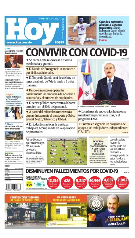 Portada Periódico Hoy, Lunes 18 de Mayo, 2020
