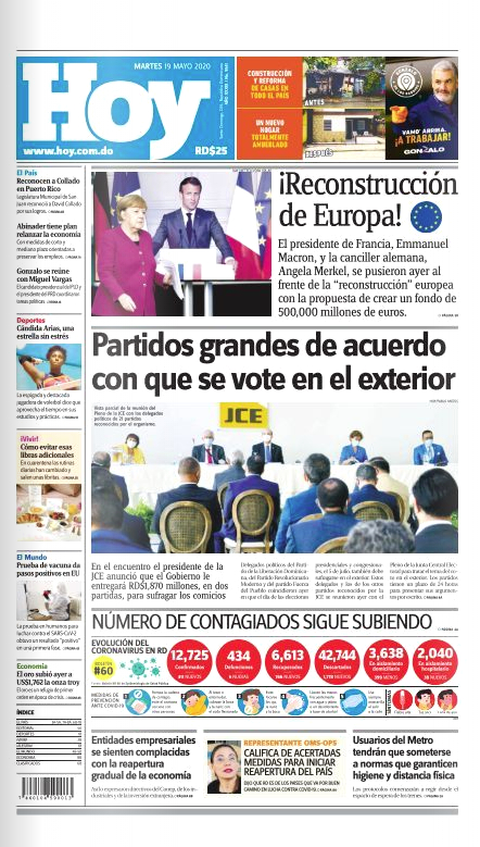 Portada Periódico Hoy, Martes 19 de Mayo, 2020