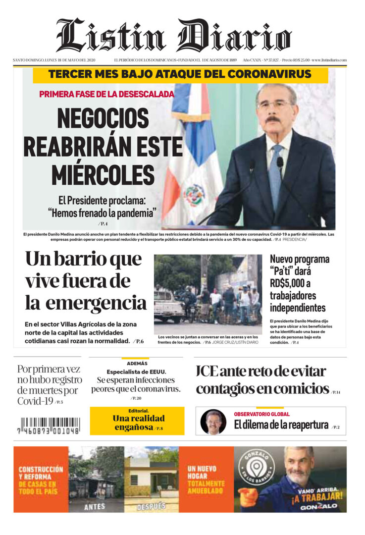 Portada Periódico Listín Diario, Lunes 18 de Mayo, 2020
