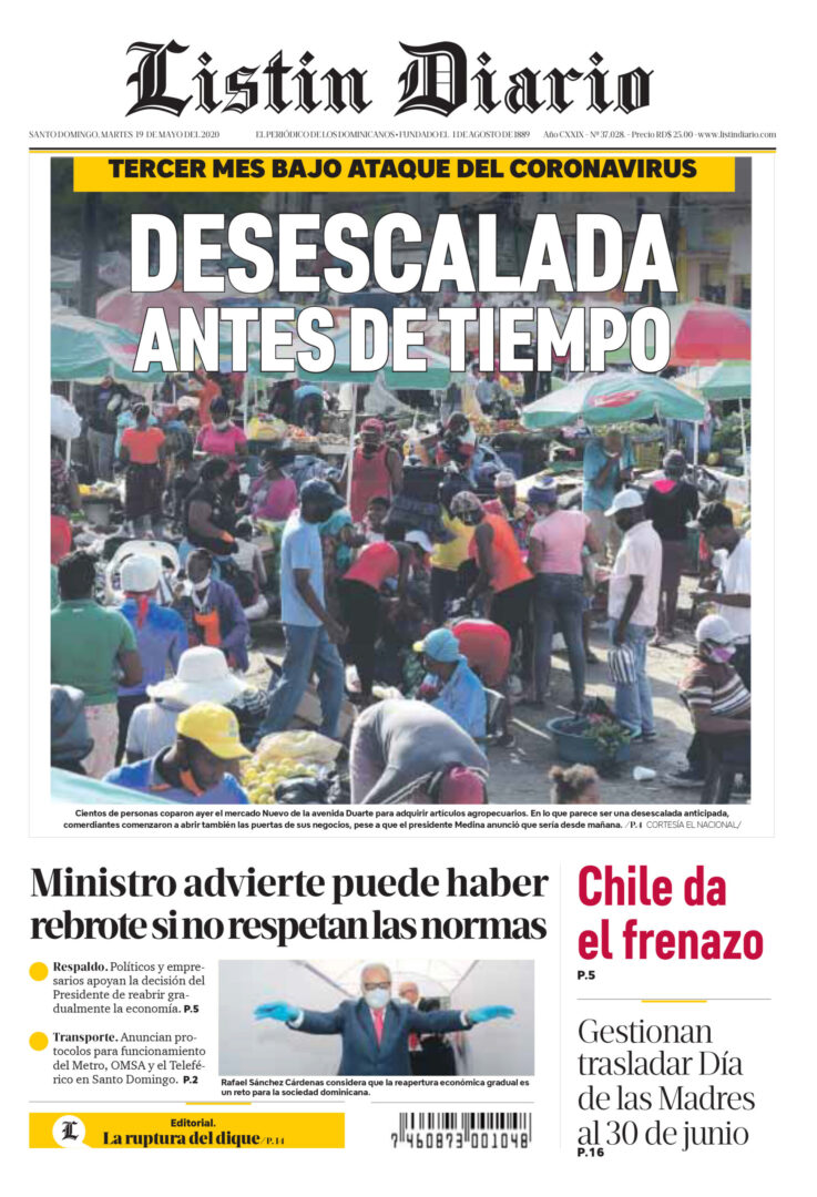 Portada Periódico Listín Diario, Martes 19 de Mayo, 2020