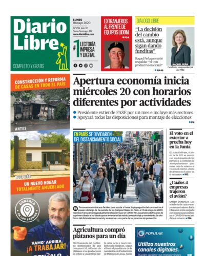 Portada Periódico Diario Libre, Lunes 18 de Mayo, 2020
