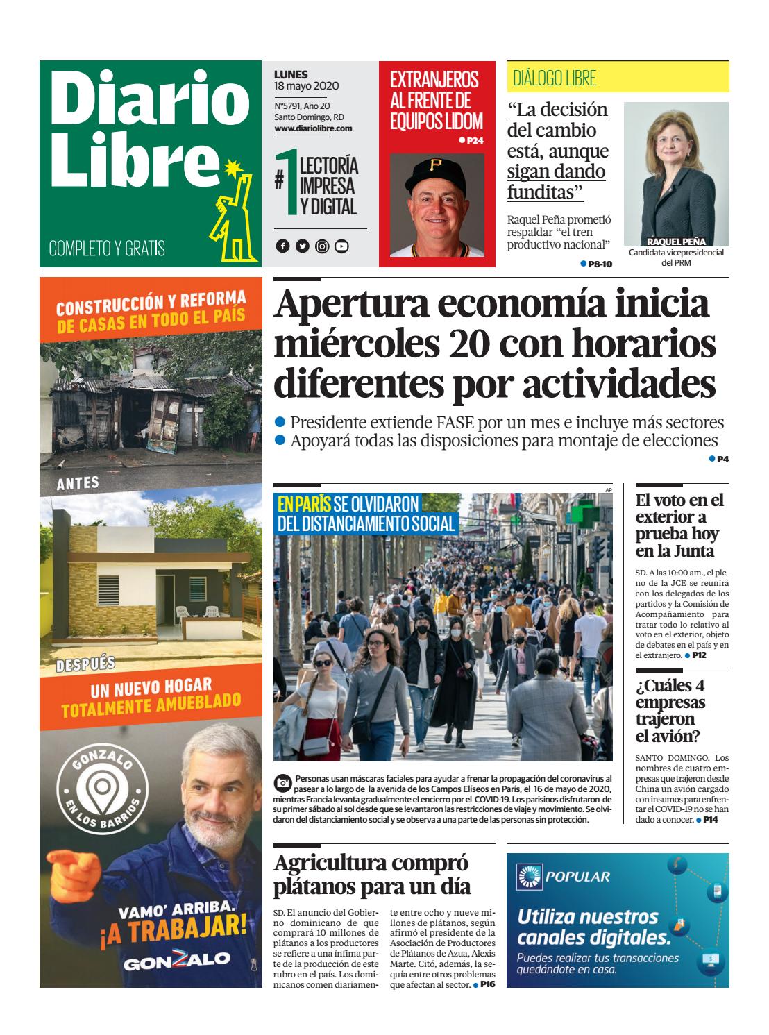 Portada Periódico Diario Libre, Lunes 18 de Mayo, 2020