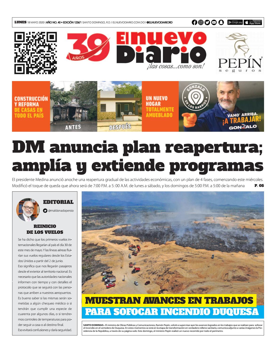 Portada Periódico El Nuevo Diario, Lunes 18 de Mayo, 2020