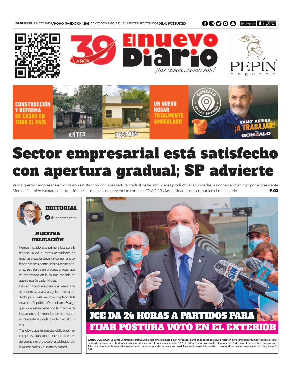 Portada Periódico El Nuevo Diario, Martes 19 de Mayo, 2020