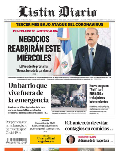 Portada Periódico Listín Diario, Lunes 18 de Mayo, 2020