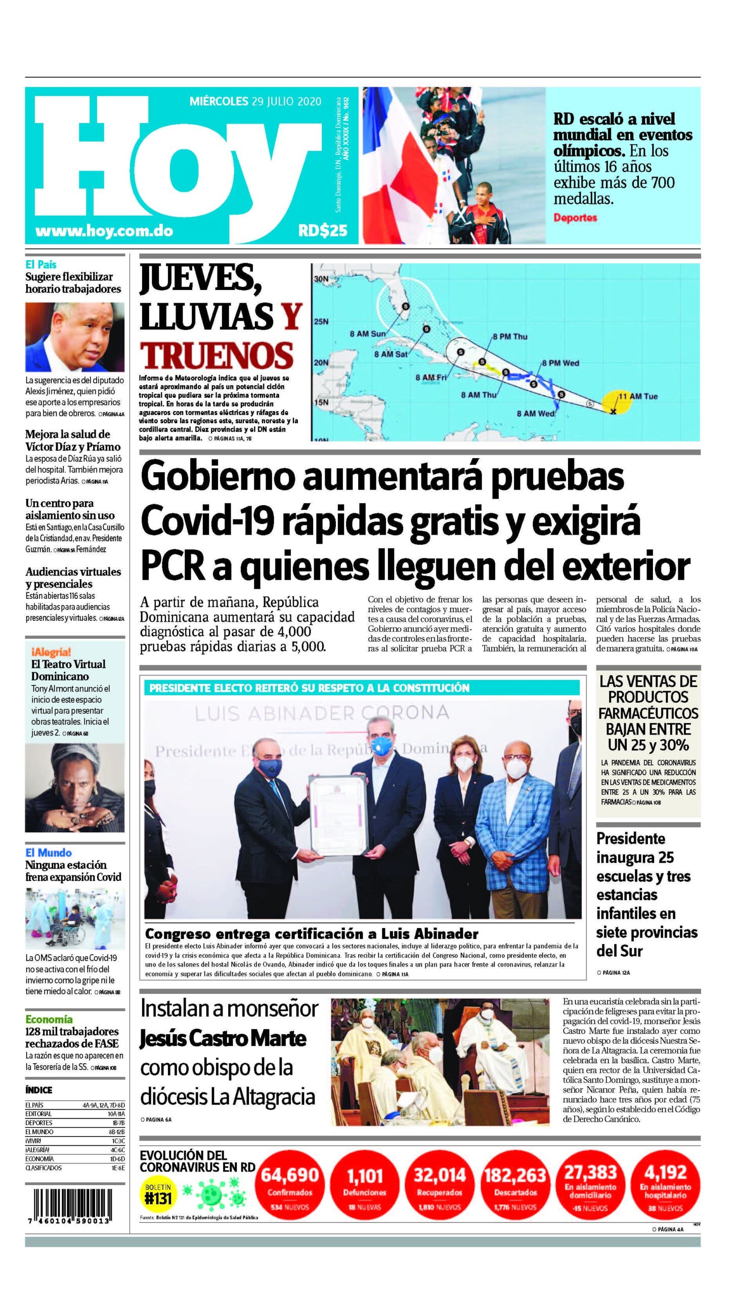 Portada Periódico Hoy, Miércoles 29 de Julio, 2020 - Dominicana.do