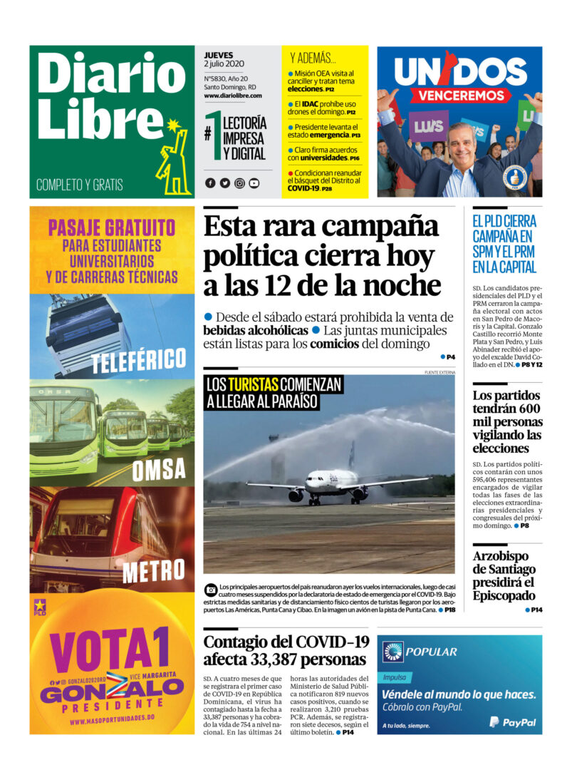 Portada Periódico Diario Libre, Jueves 02 de Julio, 2020