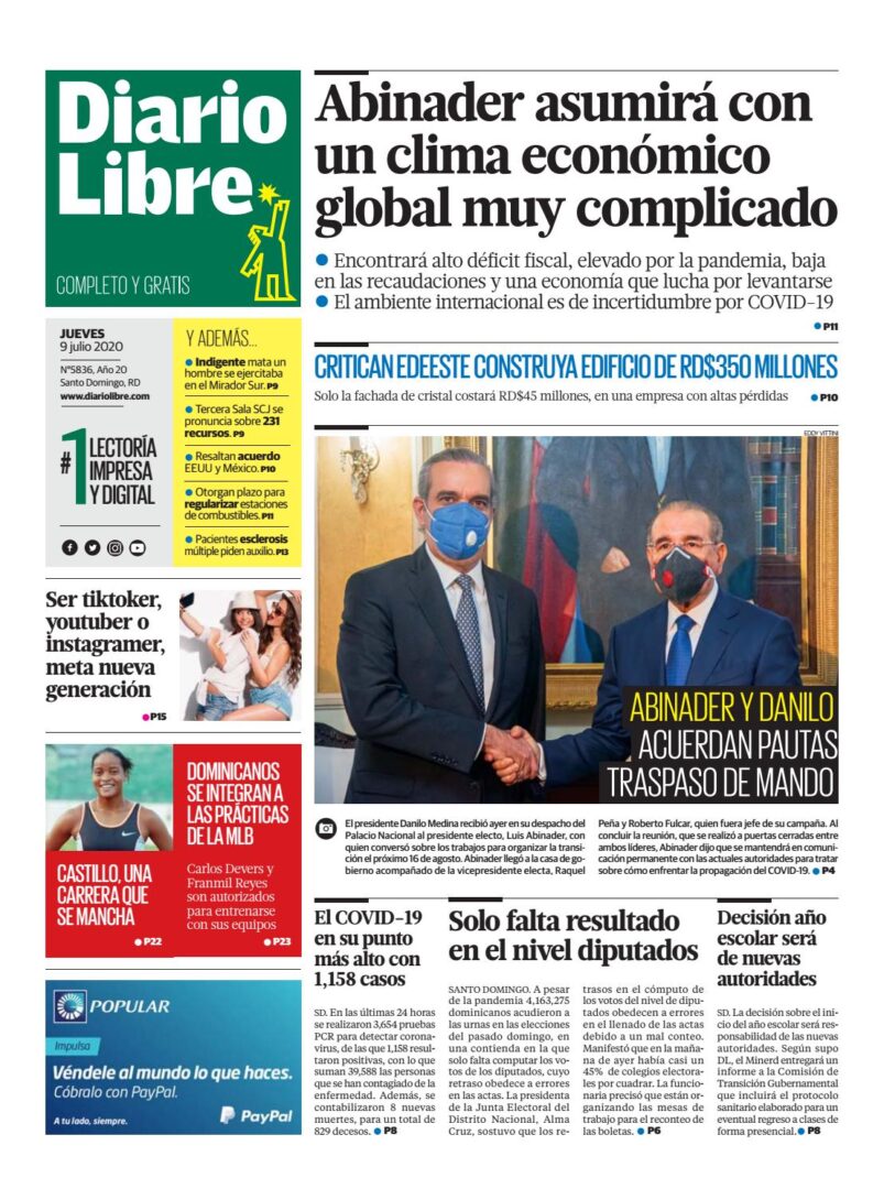 Portada Periódico Diario Libre, Jueves 09 de Julio, 2020