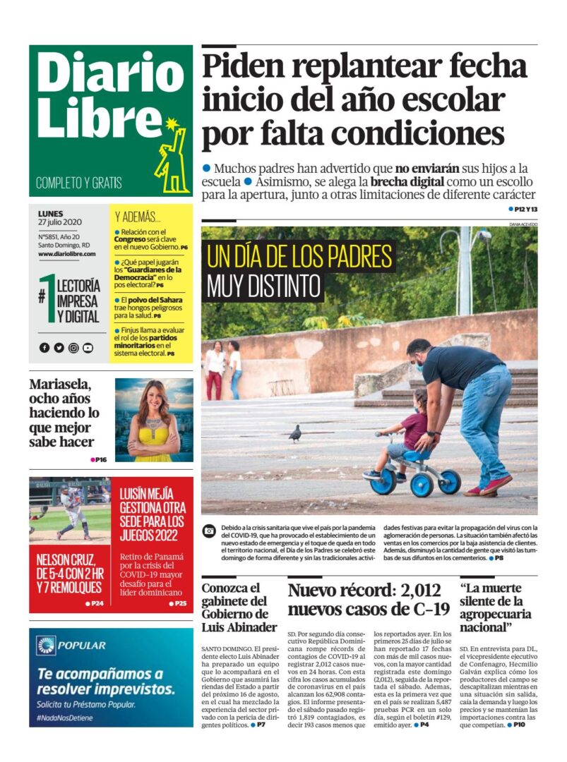 Portada Periódico Diario Libre, Lunes 27 de Julio, 2020