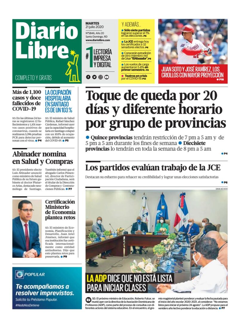 Portada Periódico Diario Libre, Martes 21 de Julio, 2020