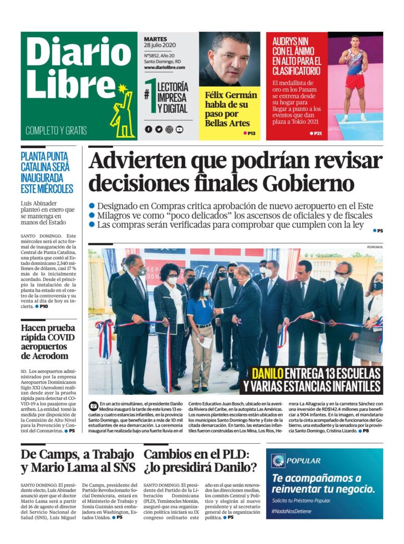 Portada Periódico Diario Libre, Martes 28 de Julio, 2020