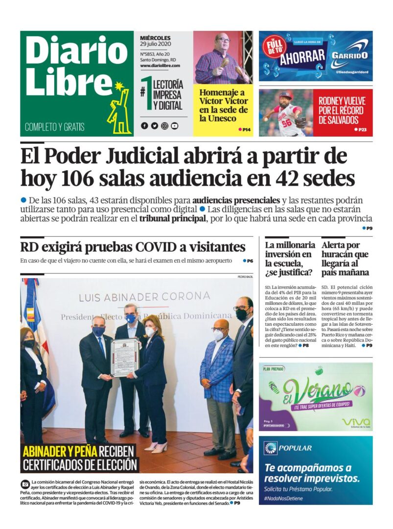 Portada Periódico Diario Libre, Miércoles 29 de Julio, 2020