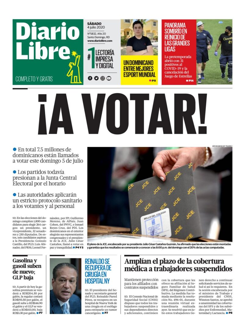 Portada Periódico Diario Libre, Sábado 04 de Julio, 2020