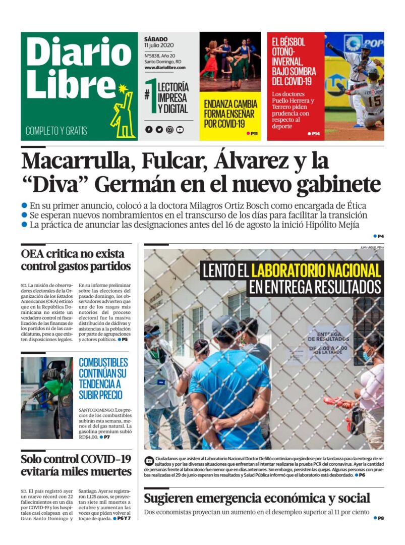 Portada Periódico Diario Libre, Sábado 11 de Julio, 2020