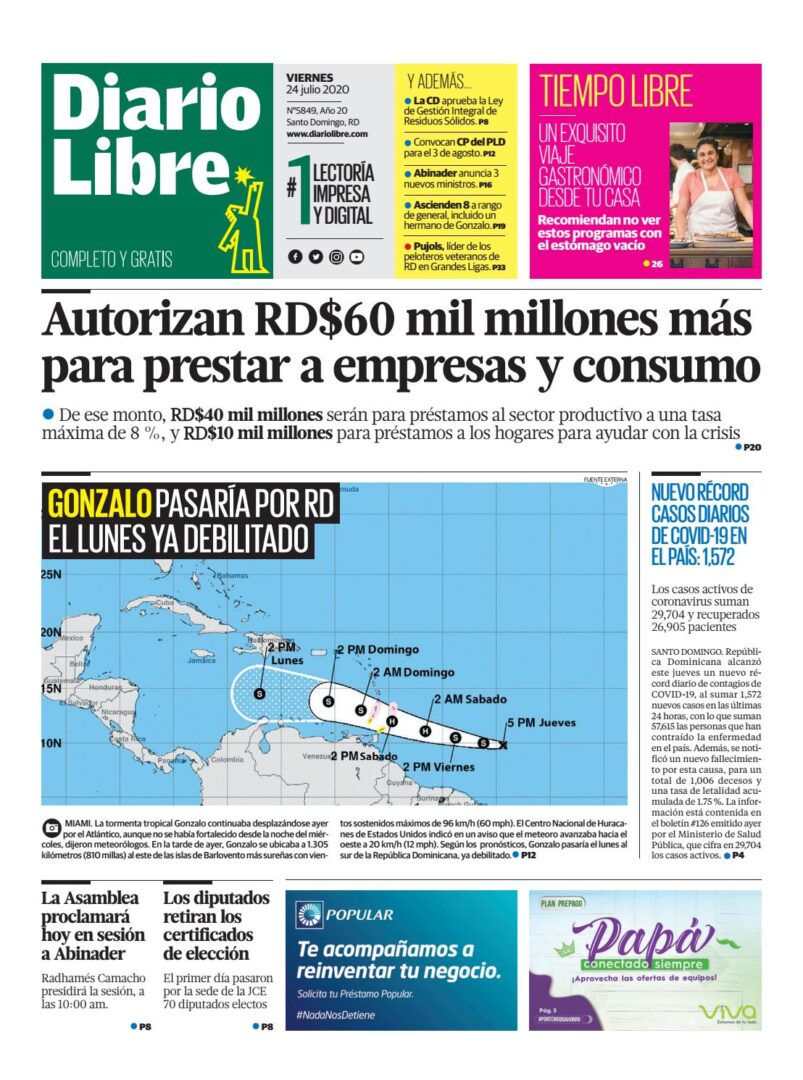 Portada Periódico Diario Libre, Viernes 24 de Julio, 2020