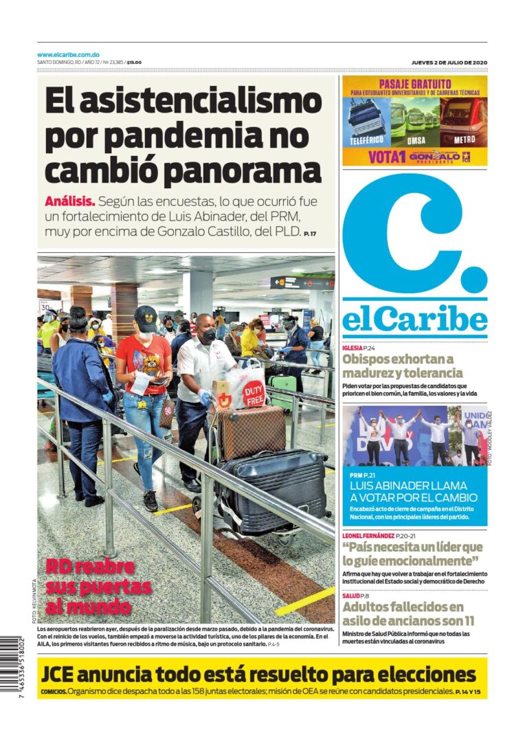 Portada Periódico El Caribe, Jueves 02 de Julio, 2020