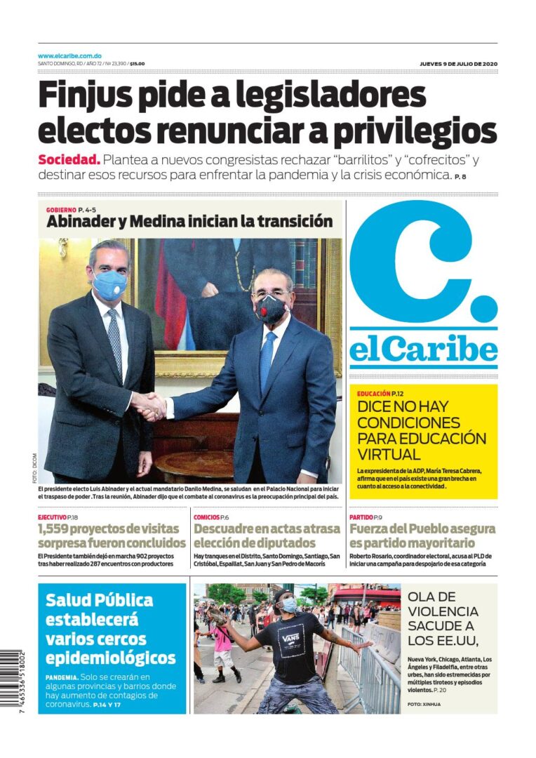 Portada Periódico El Caribe, Jueves 09 de Julio, 2020