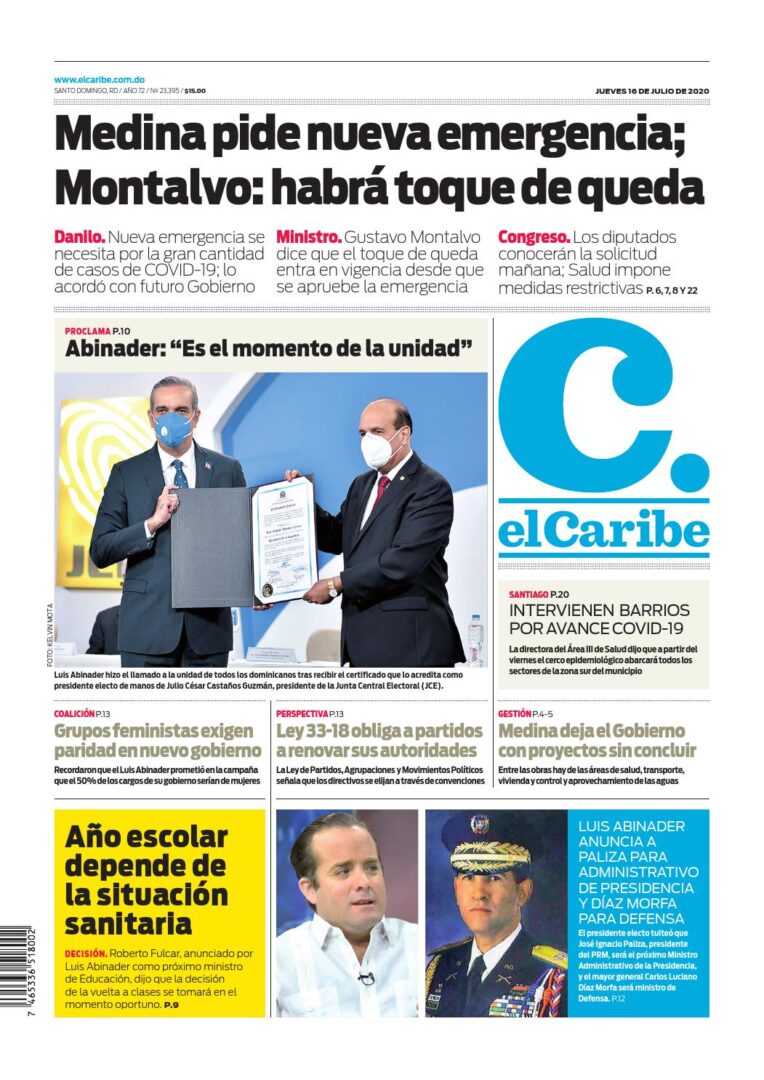 Portada Periódico El Caribe, Jueves 16 de Julio, 2020