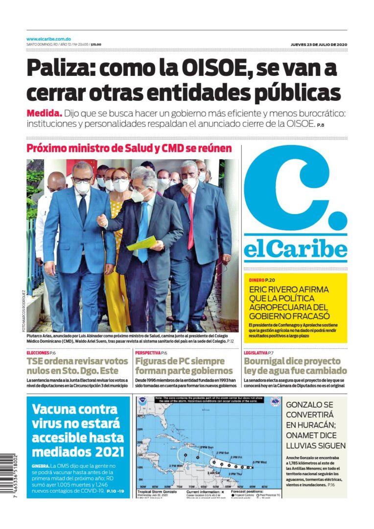 Portada Periódico El Caribe, Jueves 23 de Julio, 2020
