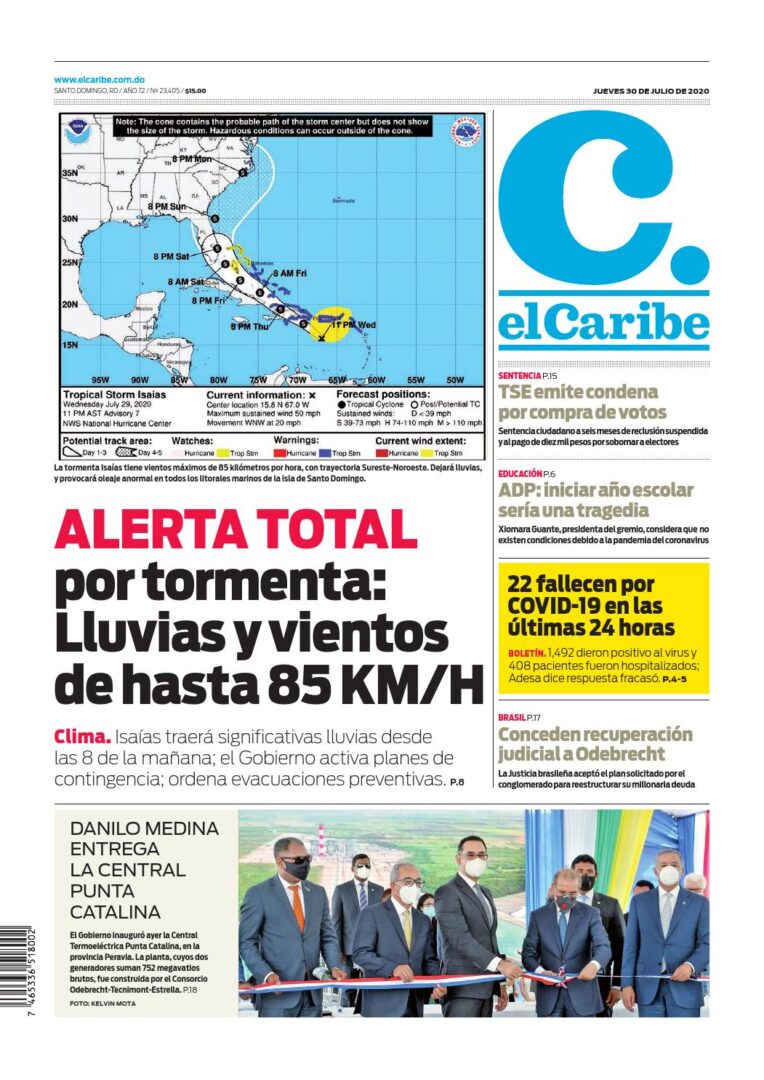 Portada Periódico El Caribe, Jueves 30 de Julio, 2020