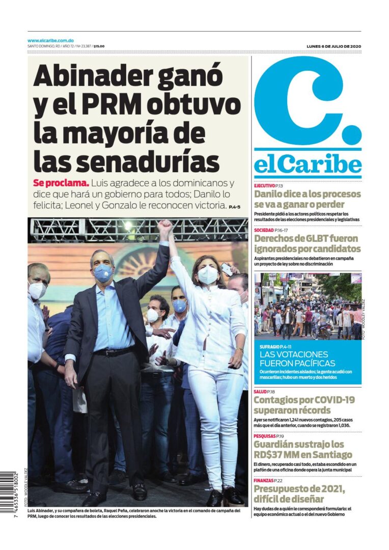 Portada Periódico El Caribe, Lunes 06 de Julio, 2020