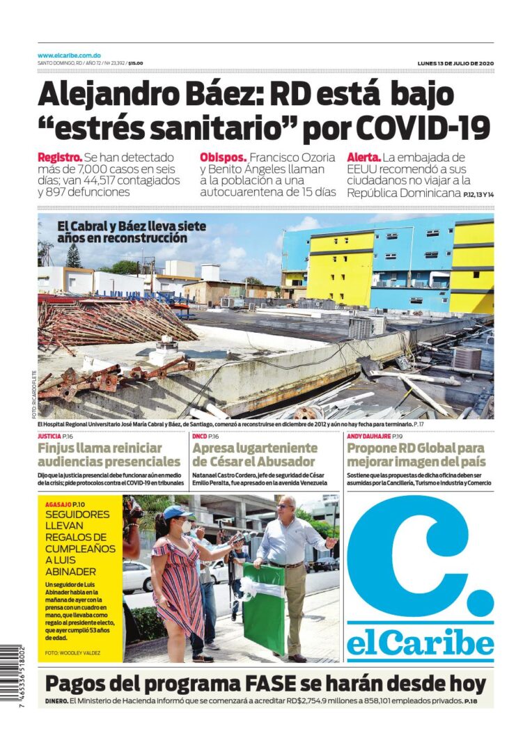 Portada Periódico El Caribe, Lunes 13 de Julio, 2020