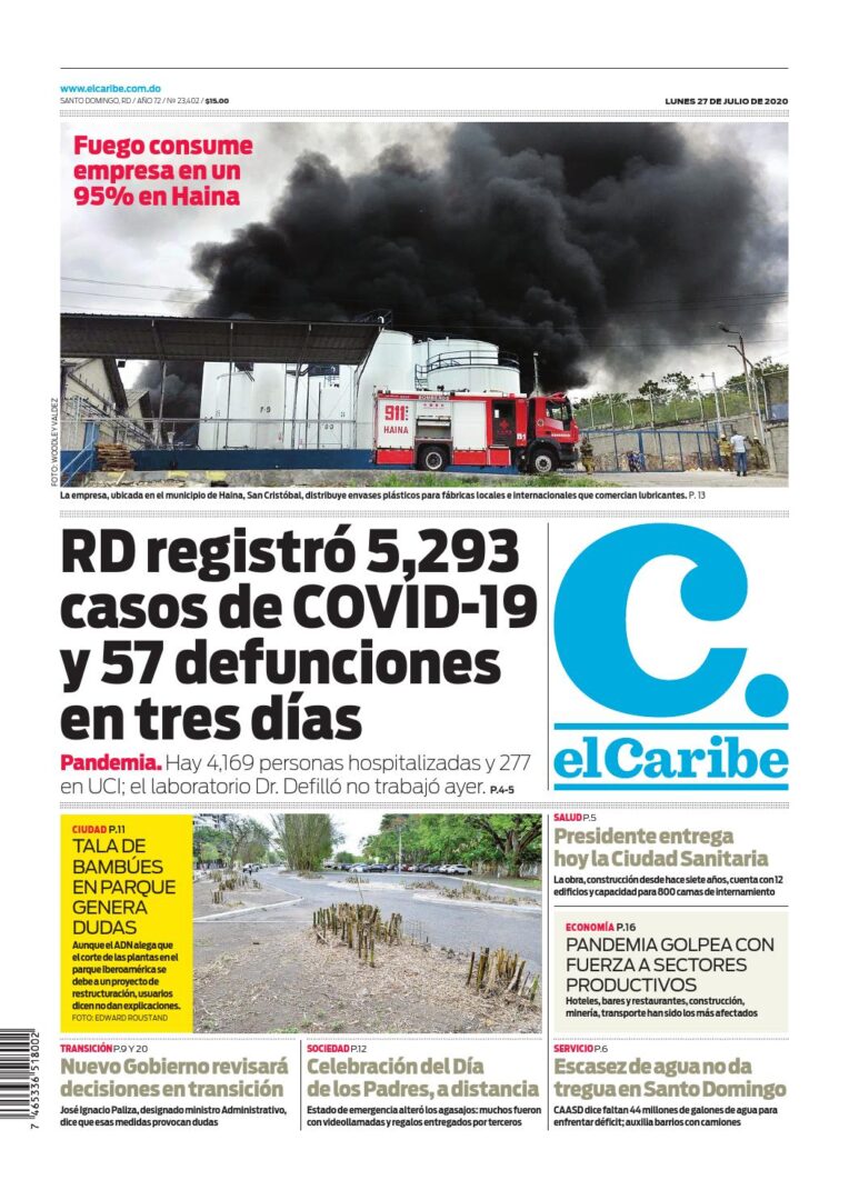 Portada Periódico El Caribe, Lunes 27 de Julio, 2020