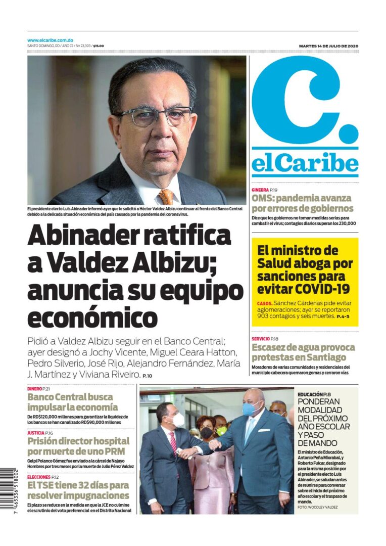 Portada Periódico El Caribe, Martes 14 de Julio, 2020