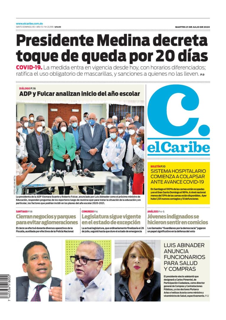 Portada Periódico El Caribe, Martes 21 de Julio, 2020