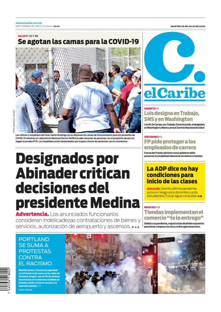 Portada Periódico El Caribe, Martes 28 de Julio, 2020