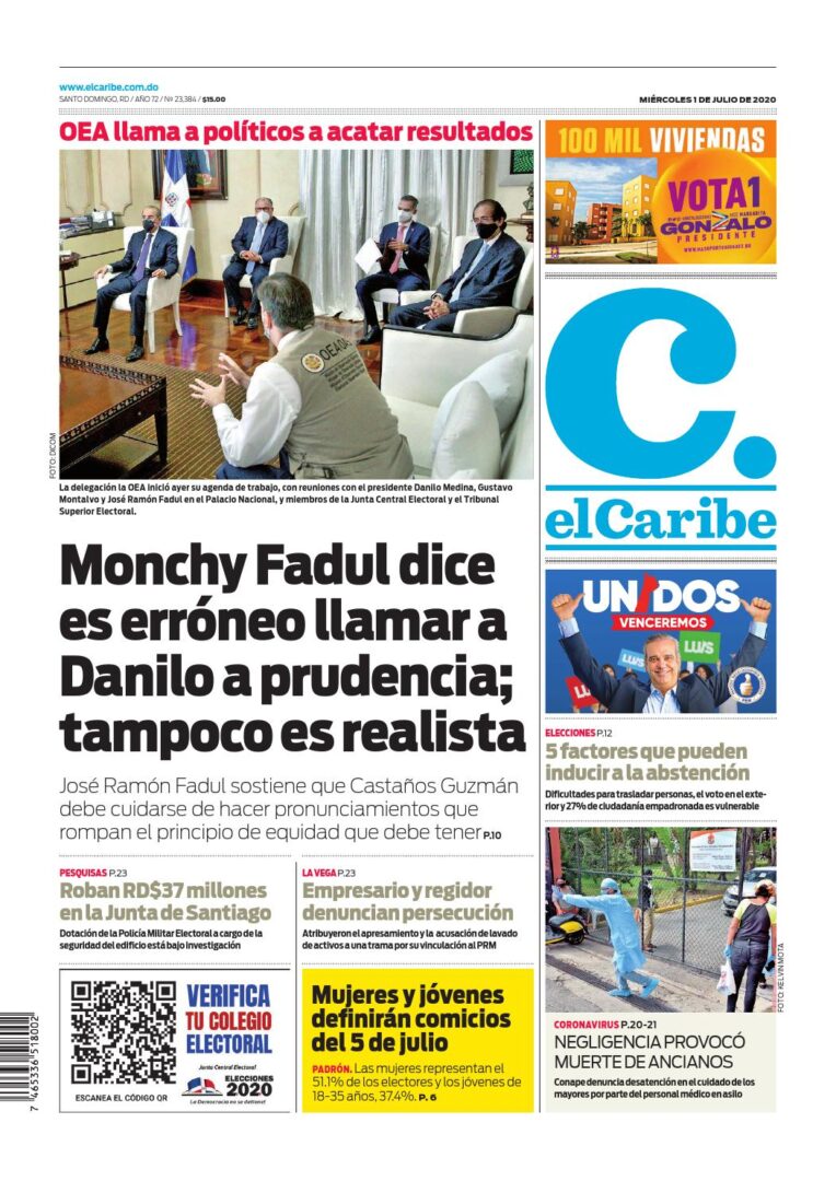 Portada Periódico El Caribe, Miércoles 01 de Julio, 2020