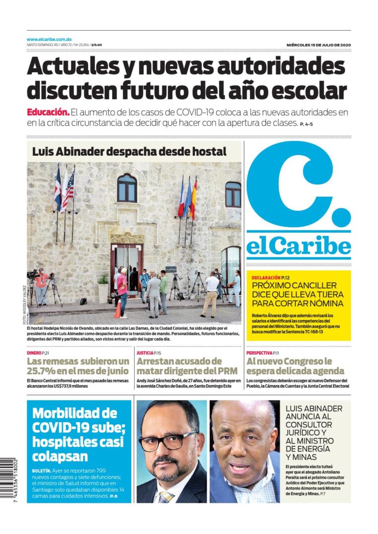 Portada Periódico El Caribe, Miércoles 15 de Julio, 2020