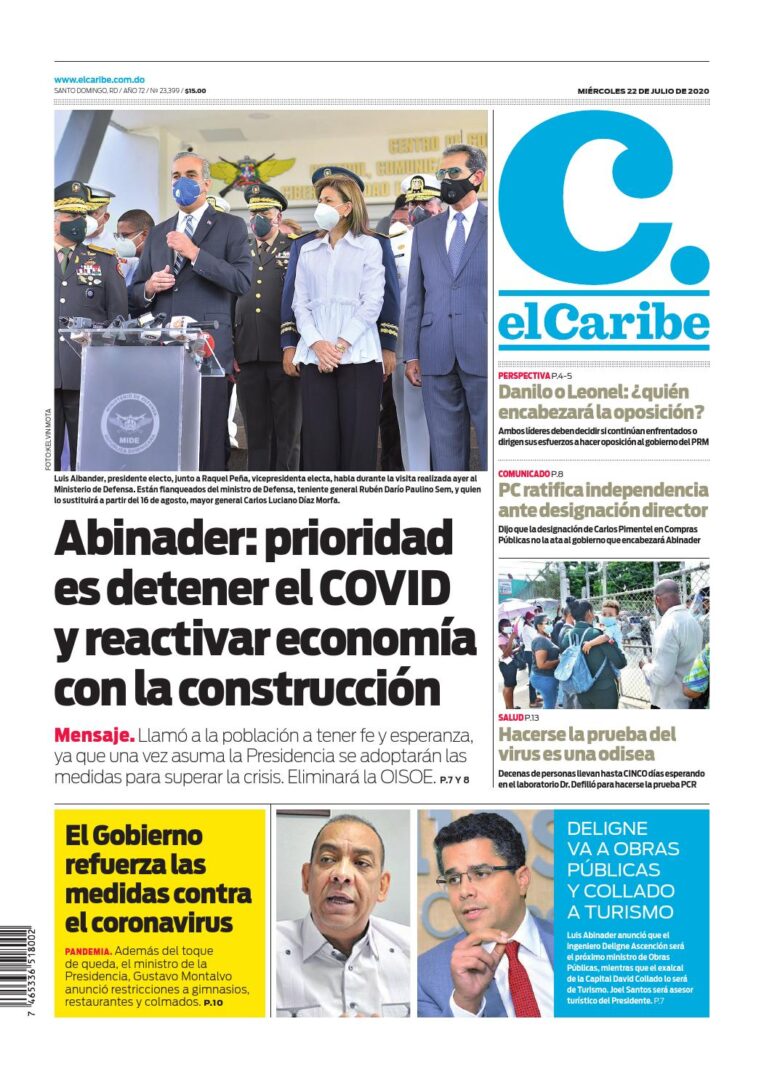 Portada Periódico El Caribe, Miércoles 22 de Julio, 2020