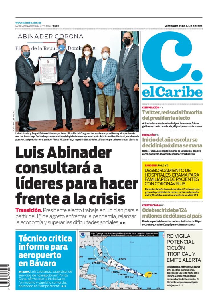 Portada Periódico El Caribe, Miércoles 29 de Julio, 2020