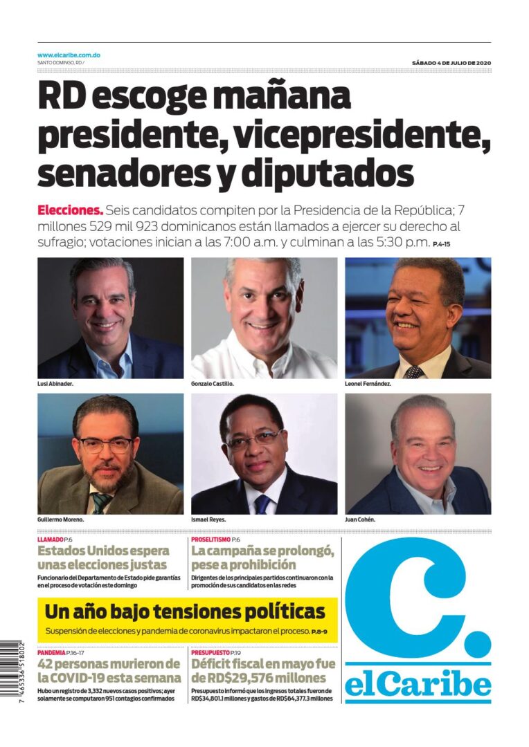 Portada Periódico El Caribe, Sábado 04 de Julio, 2020