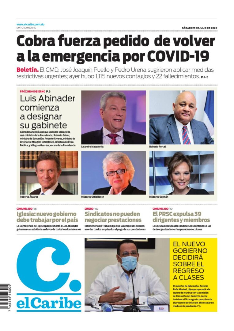 Portada Periódico El Caribe, Sábado 11 de Julio, 2020