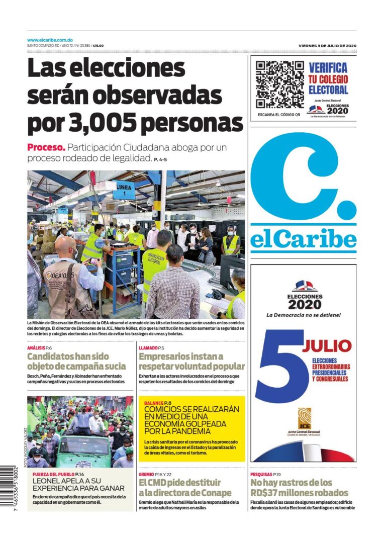 Portada Periódico El Caribe, Viernes 03 de Julio, 2020