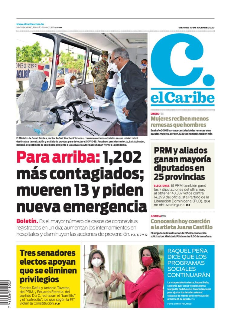 Portada Periódico El Caribe, Viernes 10 de Julio, 2020
