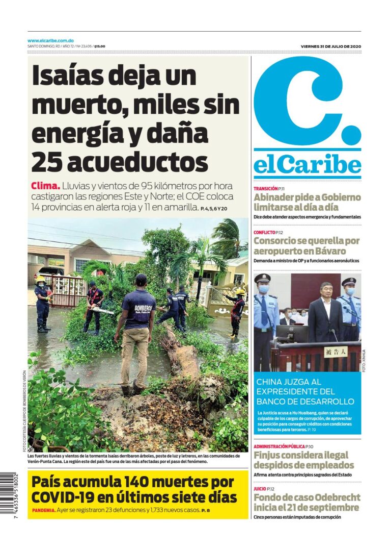 Portada Periódico El Caribe, Viernes 31 de Julio, 2020