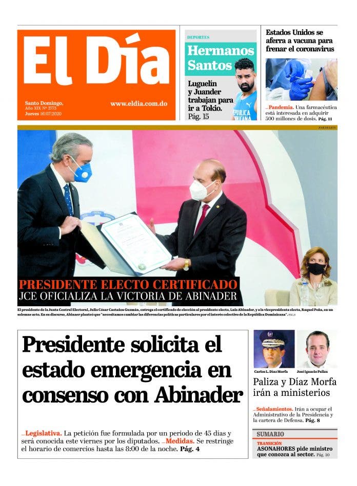 Portada Periódico El Día, Jueves 16 de Julio, 2020