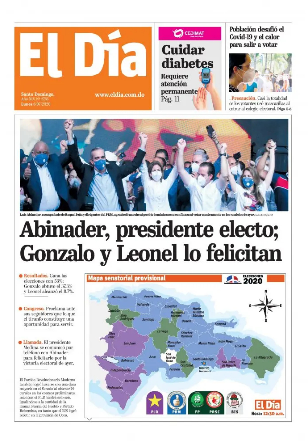Portada Periódico El Día, Lunes 06 de Julio, 2020
