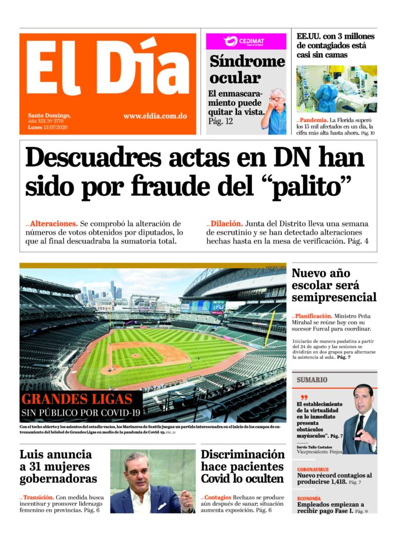 Portada Periódico El Día, Lunes 13 de Julio, 2020